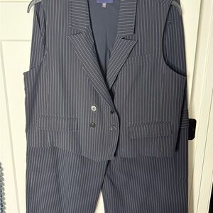 Skies Are Blue Navy and White Pinstriped Vest and Pant Suit